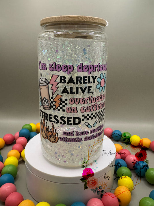 "Sleep Deprived" Glitter Glow in Dark Snow Globe Glass Can