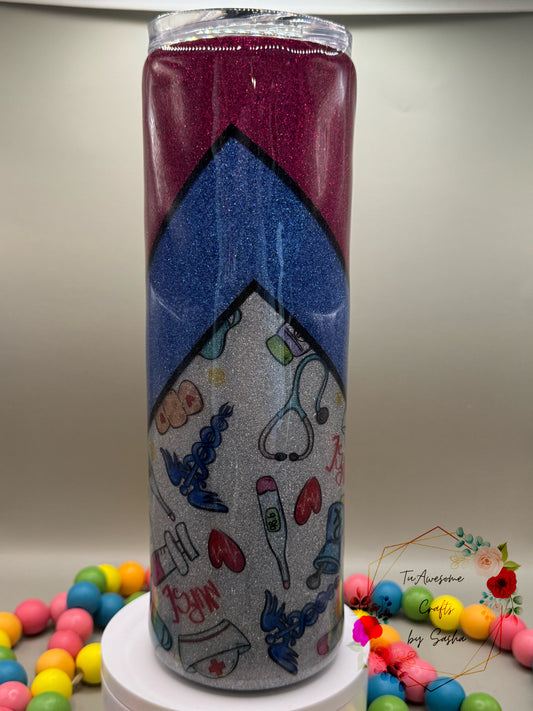 30oz Nurse-Themed Red, Blue & Silver Glitter Tumbler