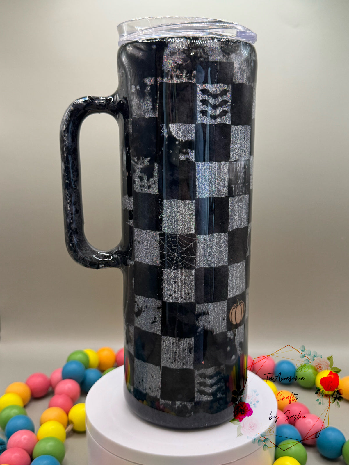 20oz Black and Silver Halloween Checkerboard Tumbler