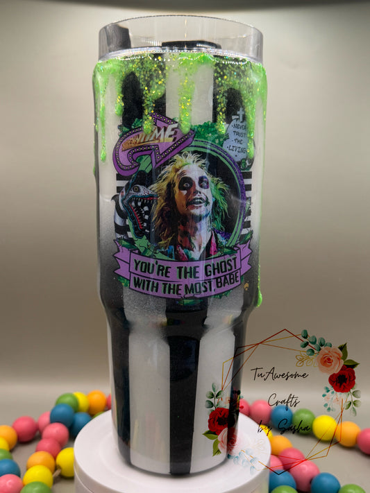 Black, white, and green Beetlejuice-inspired glitter tumbler with Halloween artwork